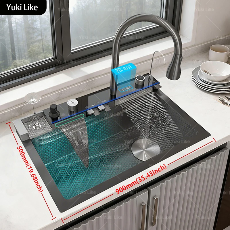 

Stainless Steel Multifunction Kitchen Sink Wash Dish and Vegetables Basin Waterfall Digital Display Faucet Large Single Slot