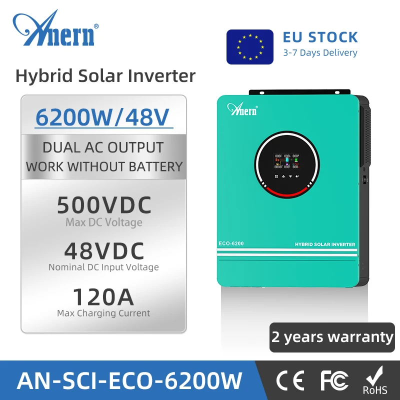 

EU Stock Anern 6200W 4200W 48/24V Pure Sine Wave LCD Display Hybrid Inverter With MPPT 120A Solar Battery Charger Solar Inverter