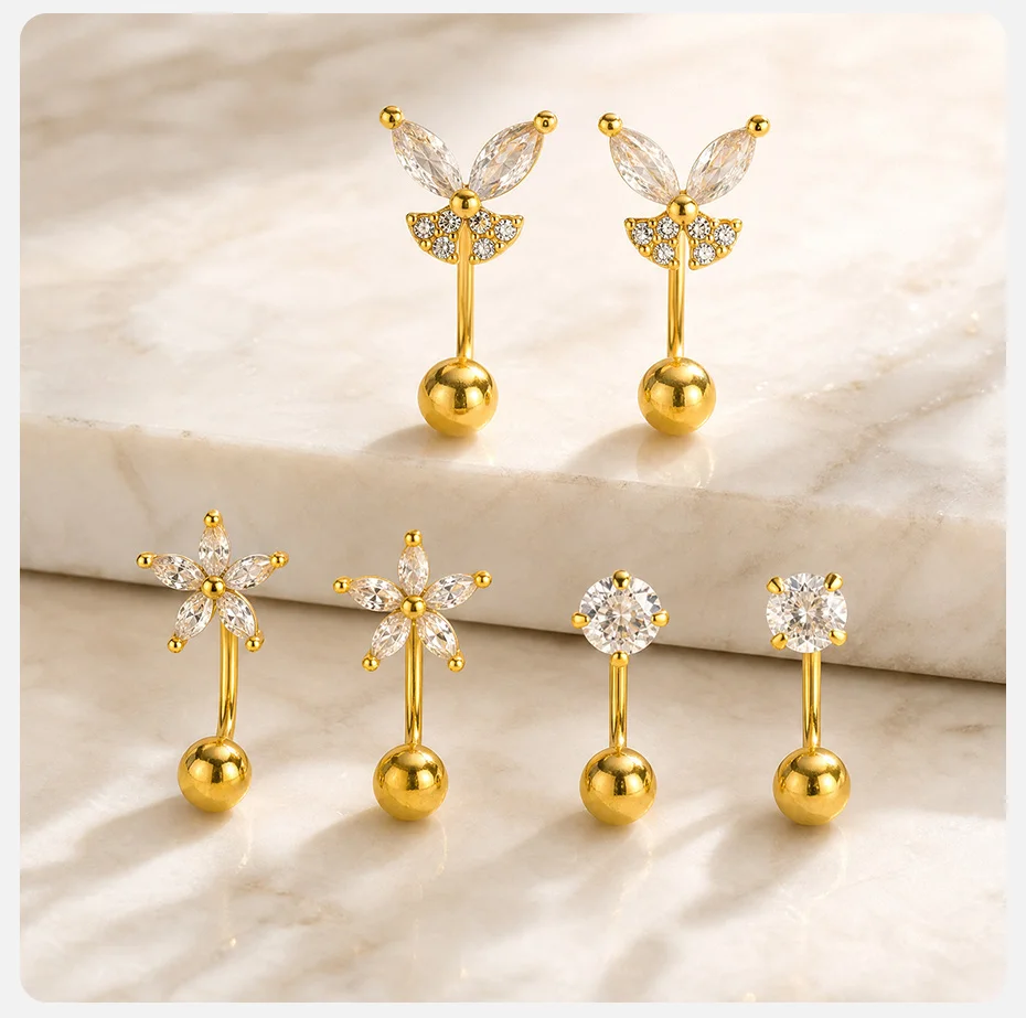 Vnox Vergoldete Elegante Schmetterlings-Stern-Zirkonia-Schraubkugel-C-förmige Ohrringe für Damen, Trendige Ohrringe, Alltagsschmuck, Party-Schmuck, Geschenk – Detail 6