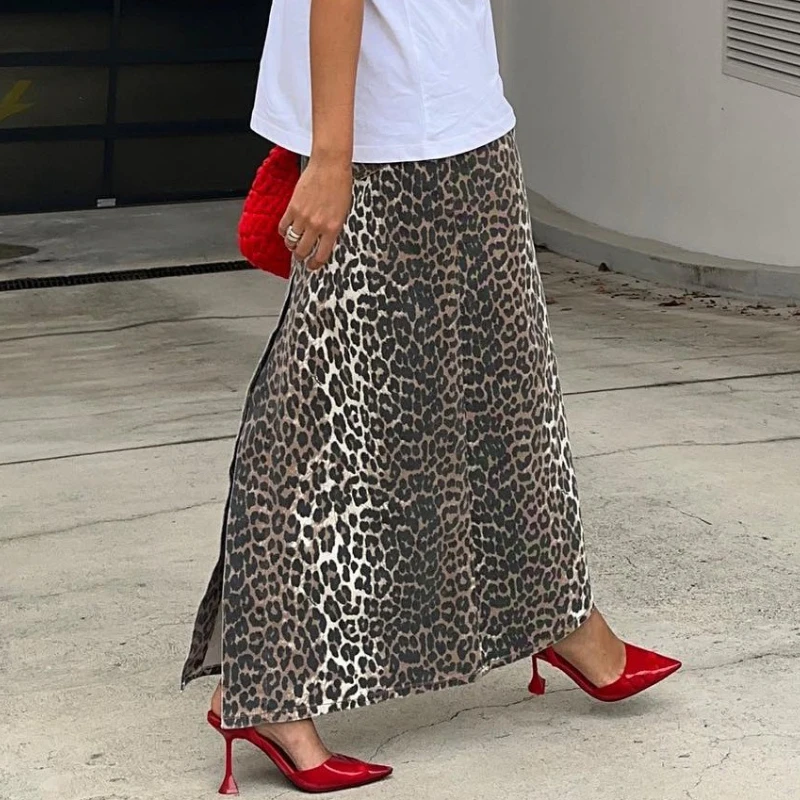 ليوبارد طباعة الدنيم تنورة المرأة عالية الخصر جيب مستقيم منتصف التنانير موضة مكتب سيدة طويلة القطن شق الكاحل طول تنورة