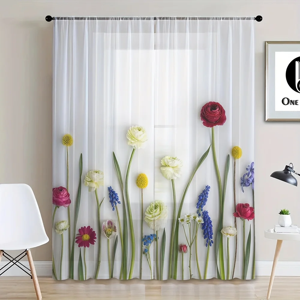 Boho Floral Sheer Curtain Panels for Living Room 2pc Decorative Polyester Door Panel Drapes with Rod Pocket Unlined Clear Window