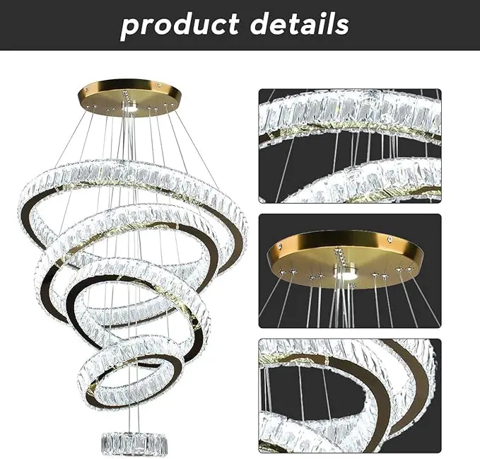 Dixun LED Crystal Chandeliers, Modern 5 Rings Pendant Light Titanium Gold Stainless Steel Height Adjustable Ceiling Light for Be