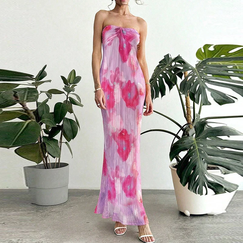 

Lady Sexy Sleeveless Backless Slim Vacation Dress Fashion Pattern Print Long Party Dress Elegant Bustier Knot Pleat Sheath Dress