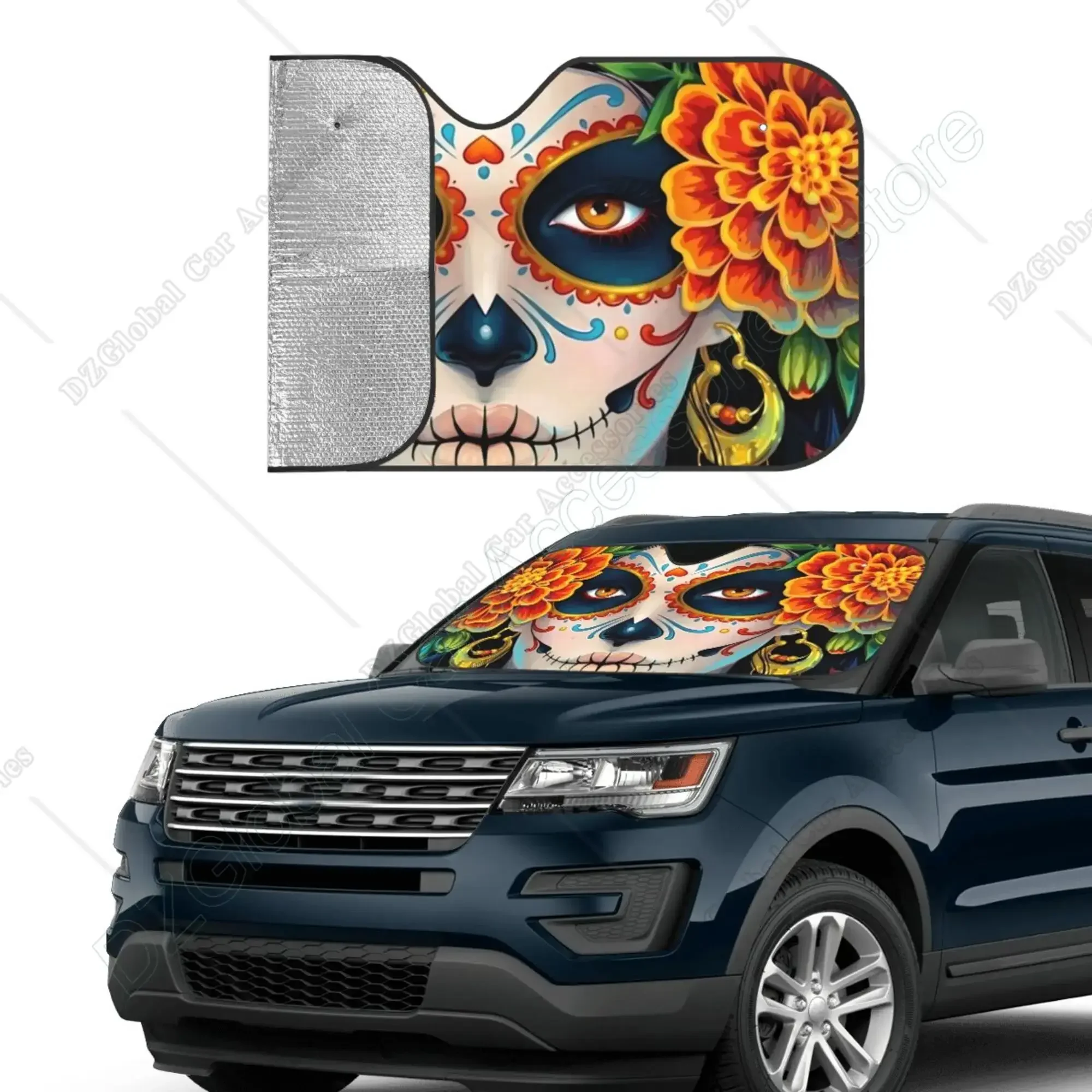 Gregtins Sugar Skulls and Roses Day of Dead Car Windshield Sun Shade Blocks Uv Rays Visor Protector Sunshade for Front 27.5x51.2
