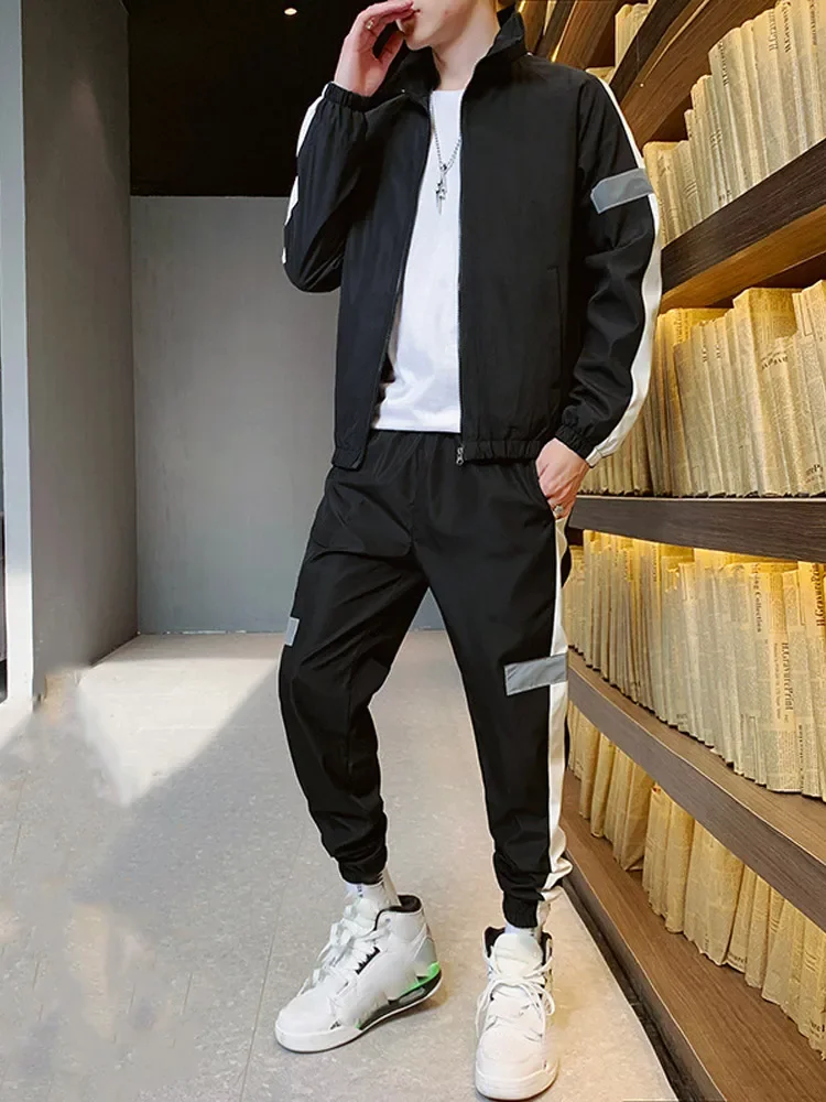 Fashion Casual Reflective Jacket Men's Tracksuit Strip Splicing Stand Collar Zipper Elastic Loose Drawstring Pocket Sweatpant