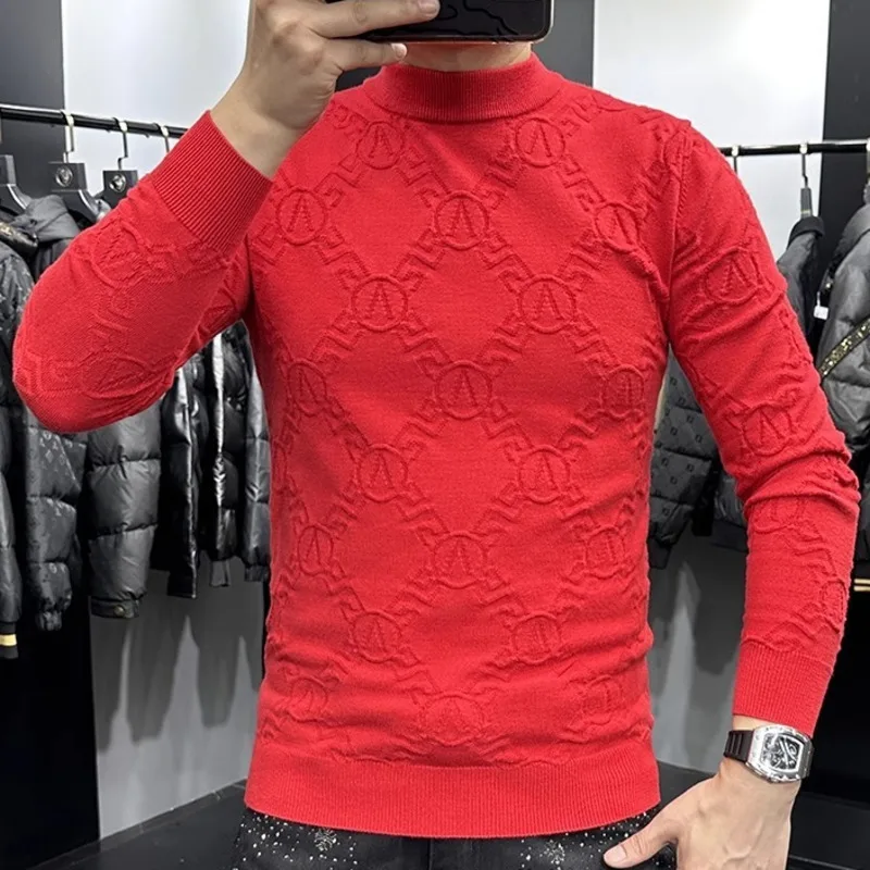 Fall Men Khaki Black Sweter Solid Color Letter Jacquard Pullover Sweater  Korean Sweater Designer Fashion Knit Pullover Sweater