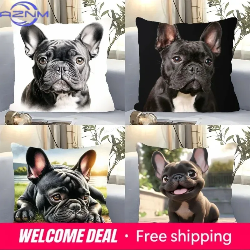 1pc Cute Pet Mini French Bulldog Pillow Case Square Bedroom Sofa Leisure Comfort Cushion Car Living Room Home Decoration