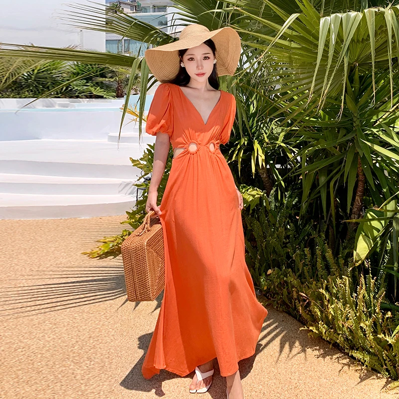 Runway Designer Lovely Waist Cut Out France Chic Puff Sleeve Long Party Dinner Dresses Elegant A Line Summer Elbise Robe