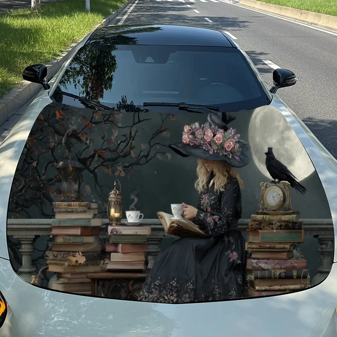 Mysterious Witch Reading by Moonlight Car Engine Hood Vinyl Wraps Sticker, Trendy Auto Cover Decal, Waterproof Self-adhesive Veh