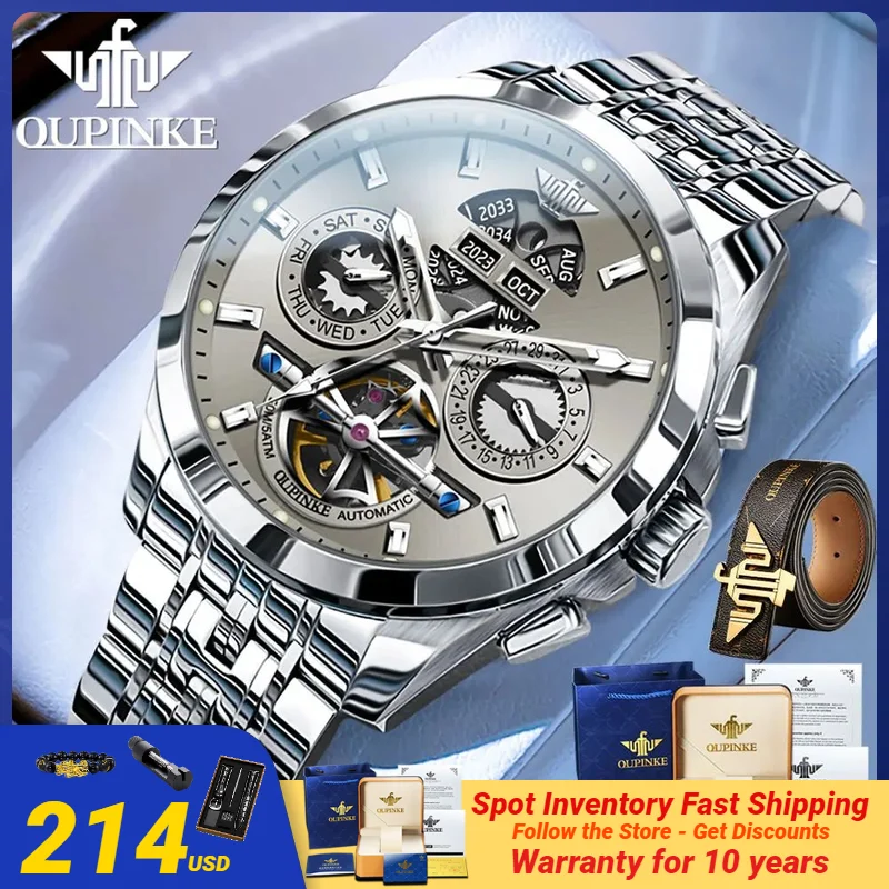 OUPINKE 3251 Fully Automatic Watch for Men Flywheel Hollow Out Multifunctional Dial Stainless steel Waterproof Mechanical Watch