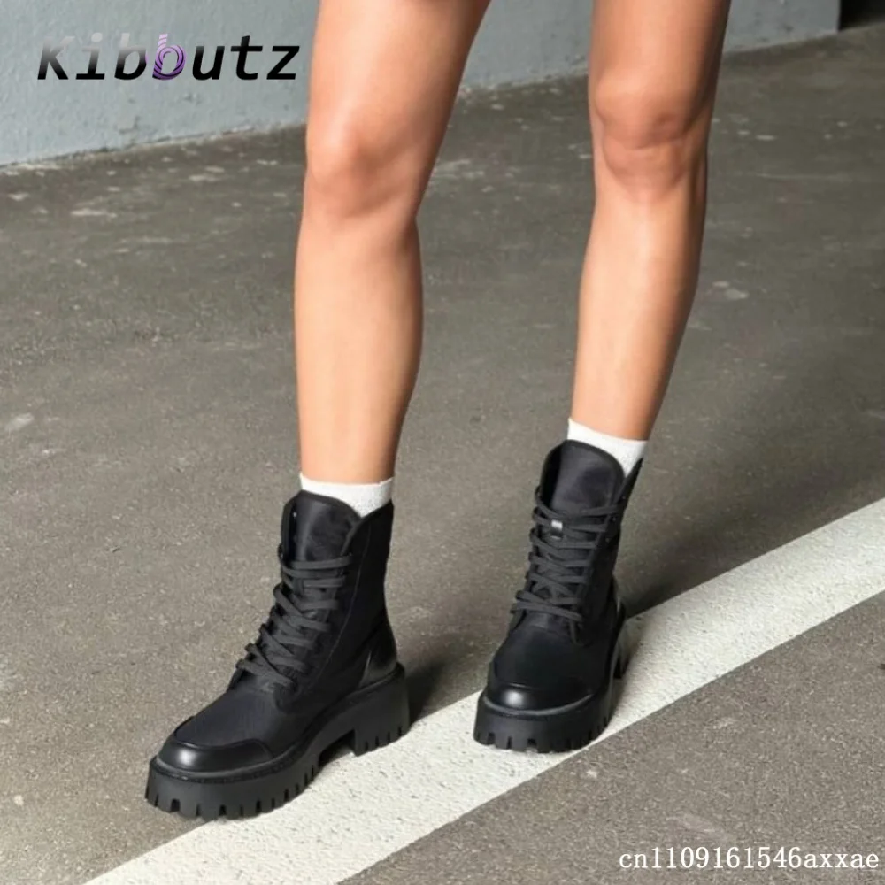 Canvas Ladies Round Toe Lace-Up Short Boots Platform Sole Boots New Arrival Fall Winter Street Daily Trendy Women Fashion Boots