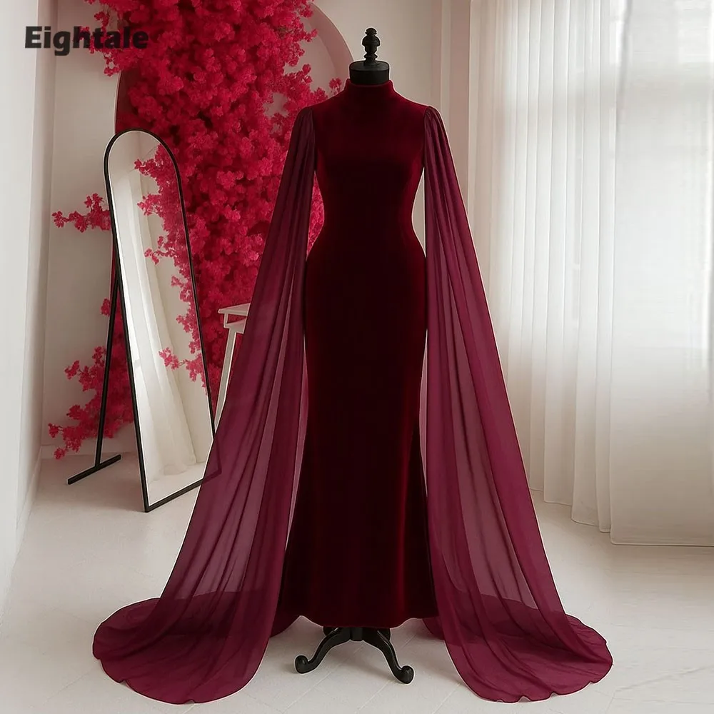 

Eightale Arabic Evening Dress High Neck Prom Gown Customized Cap Sleeves Burgundy Muslim Mermaid Wedding Party Dress