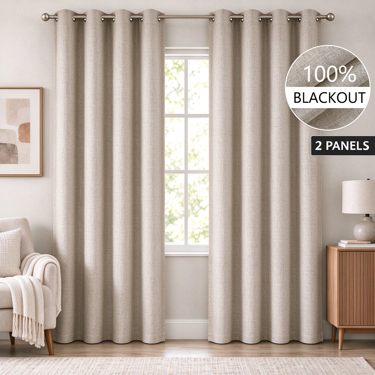4pcs Set of 100% Blackout Linen Textured Curtains for Bedroom, Sound Reduction and Heat Thermal Insulation, High‑Quality Soft Fabric Window Curtains, Durable Metal Ring Grommet Top Design, Full Light Blocking Drapes, Luxury Home Decoration for Living Room