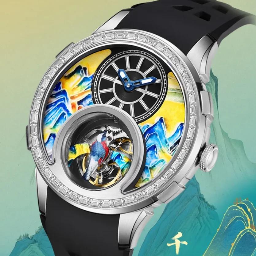 HANBORO Men Automatic Watch 43.6mm Mechanical Wristwatch Luminous Enamel Carved Painted Mountain Dial Skeleton Rotatable Bird