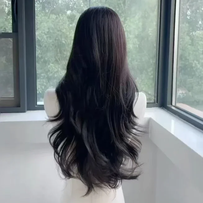 Peruca preta longa ondulada cabelo natural perucas sintéticas para mulheres 24 polegadas de alta qualidade resistência ao calor perucas para