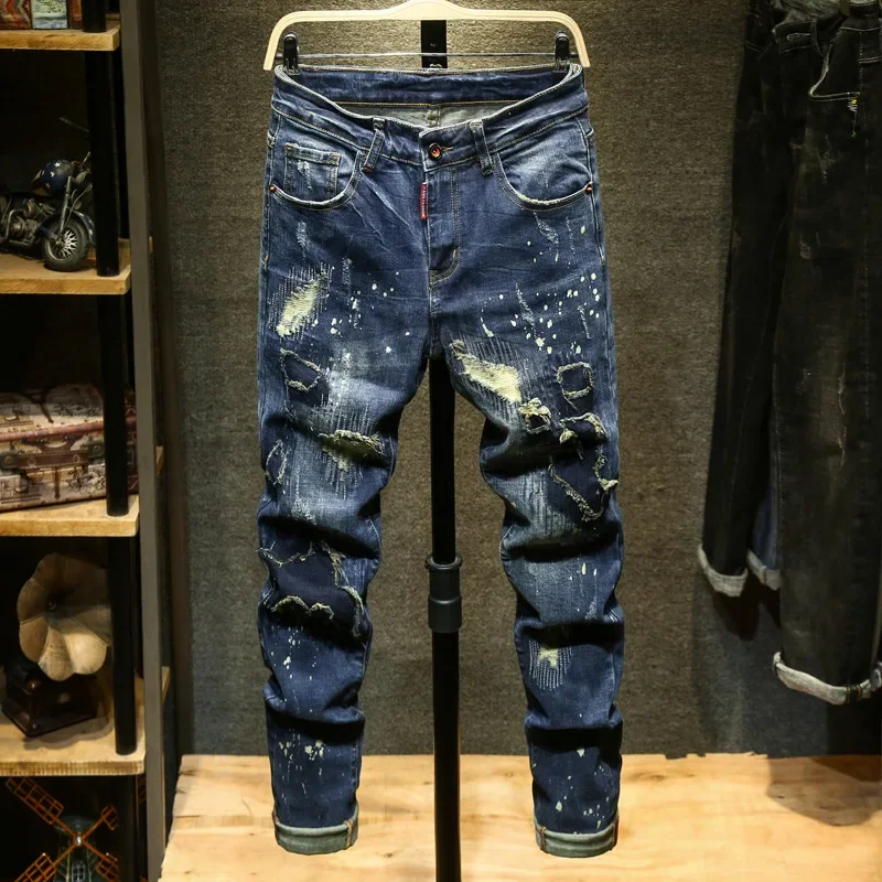 جينز عتيق للرجال لخريف وشتاء 2023 سروال طويل مطرز على الطراز الكوري بنظام تنعيم فريد من نوعه