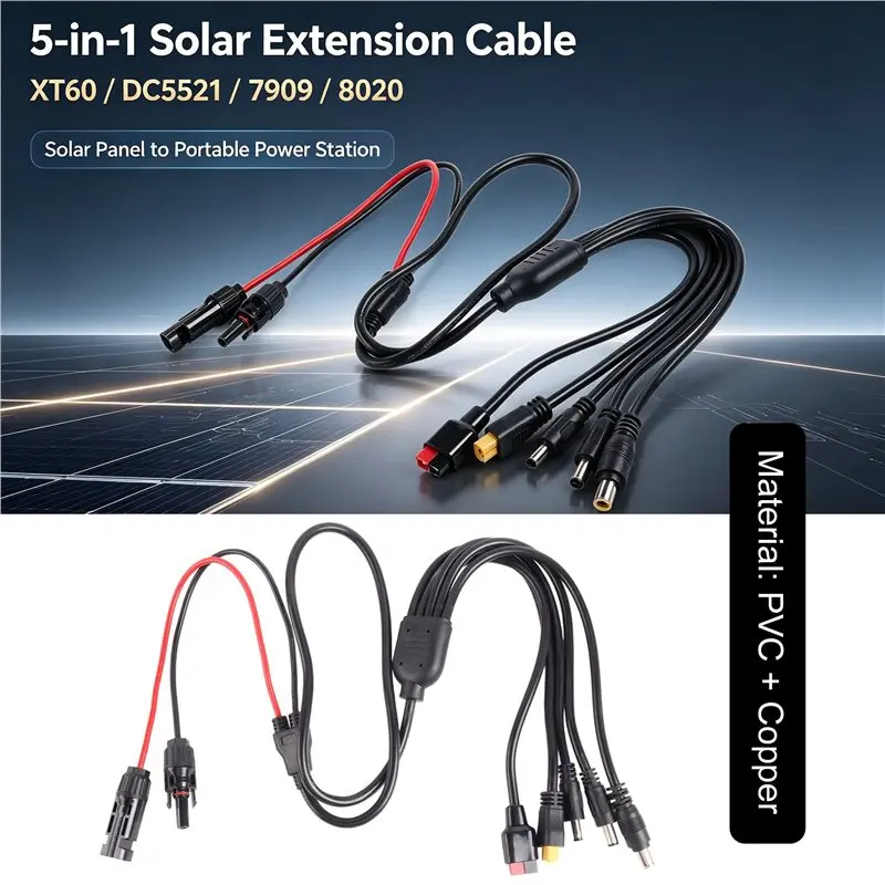 [B24B!】 Solar Panel Extension Cable Splitter 5 In 1 Connector For XT60/DC5521/7909/8020 For Power Storage Systems For Power Cord