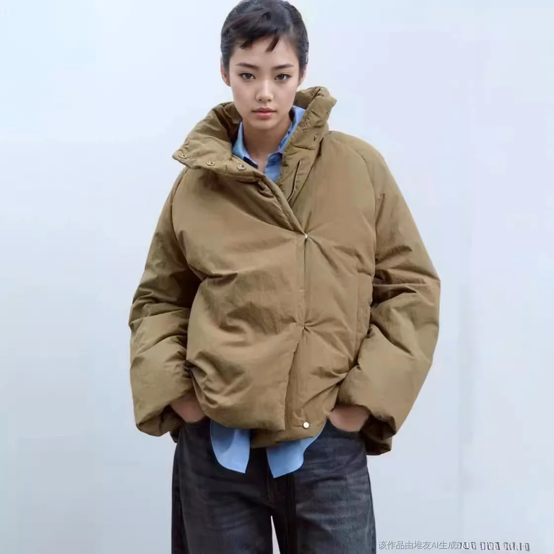 Stand-up collar loose version khaki short simple thickened jacket cotton clothes