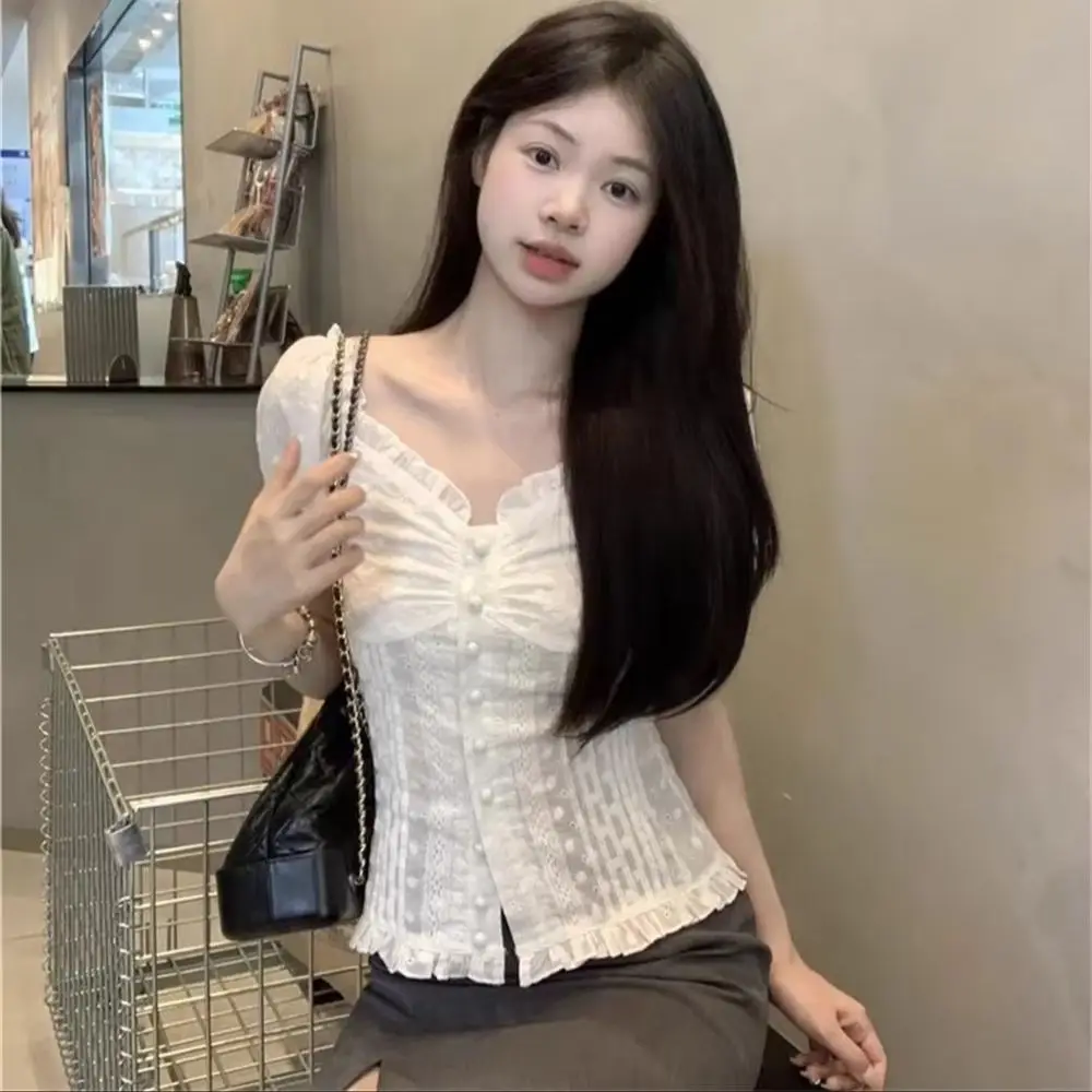 Women White Lace Puff Sleeve Blouse 2026 Summer Vintage Sweetheart V-Neck Ruffle Crop Top Boho Chic Feminine Casual Shirt Girls