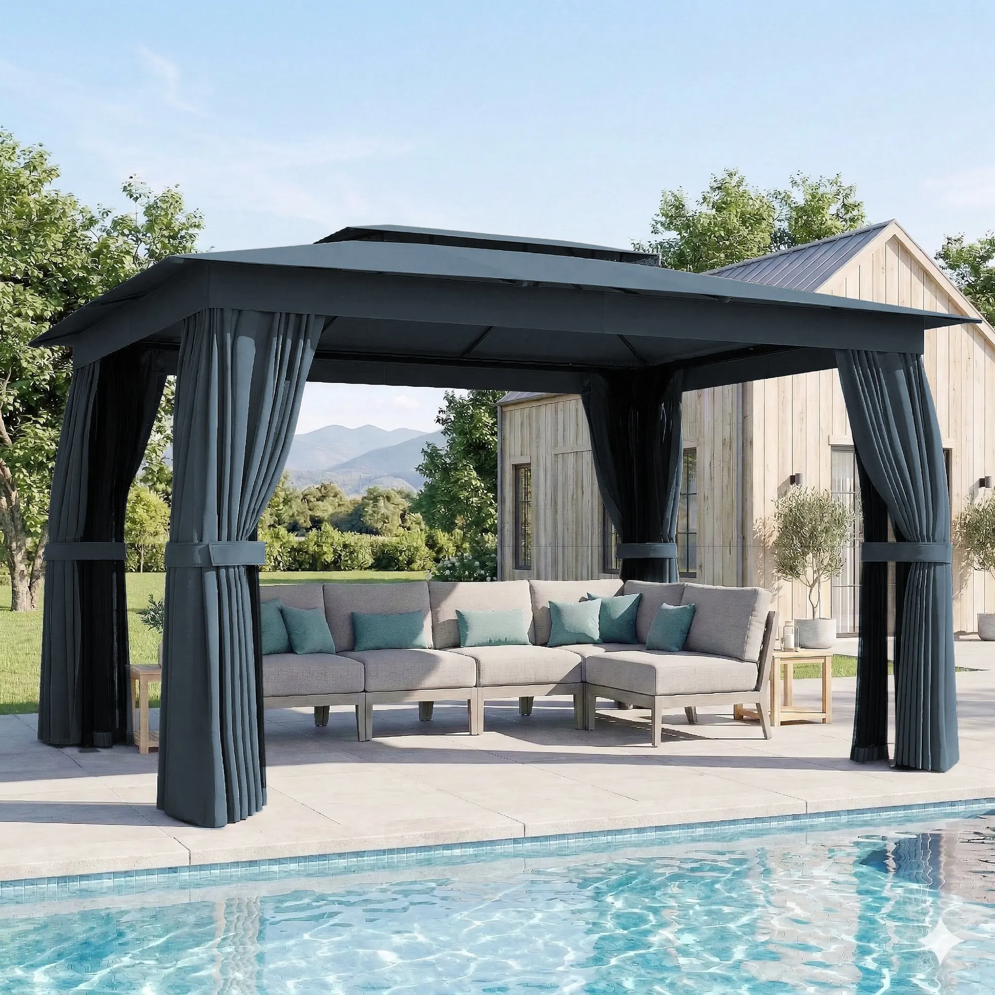 

10' x 12' Outdoor Patio Gazebo, Soft Top Gazebo Canopy Shelter with Curtains, Netting, Steel Frame, Hooks, Blue