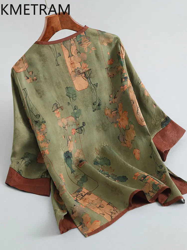 KMETRAM 100% mulberry silk T Shirts for Women High Quality Printed T-shirt Xiangyun Sha Summer Tops 2026 Woman Clothes Футболка