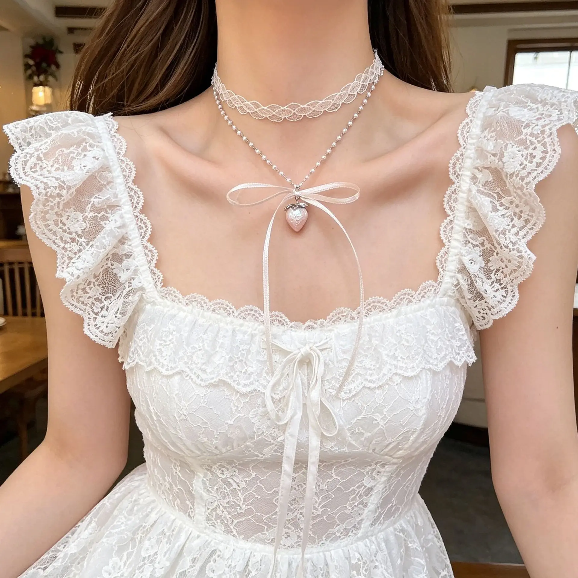 Sweet Double Layer Strawberry Pendant Choker Lace Bow Neck Strap Collarbone Necklace for Women Girly