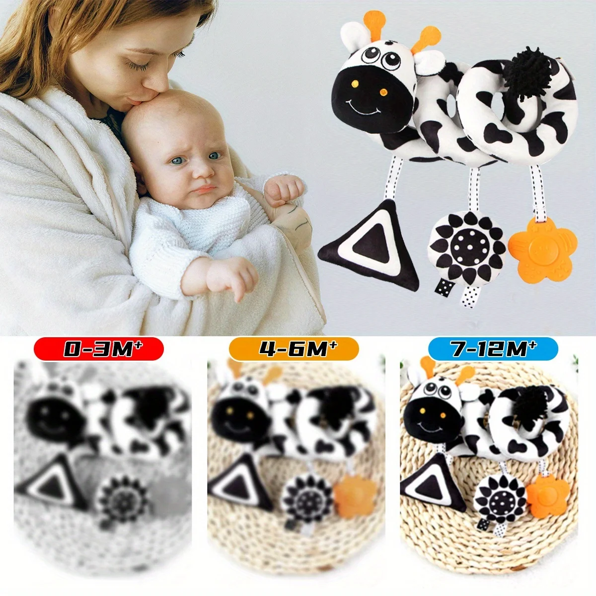 아기의 흑백 동물 시각 자극 침대 와인딩 카, 3개의 만화 장난감이 달린 나선형 플러시 장난감, 무작위 색상
