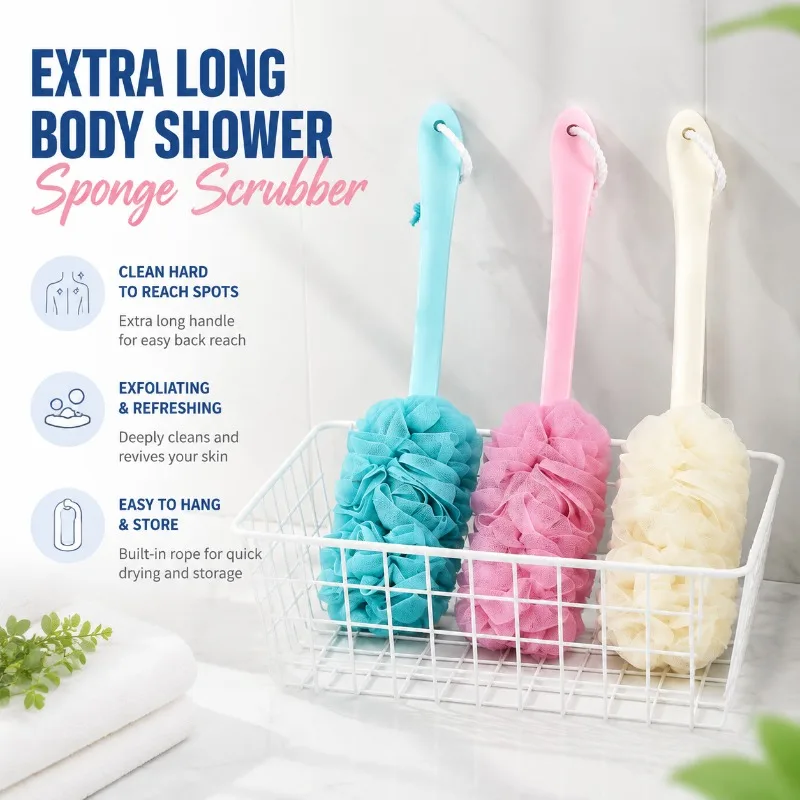 Long Handle Bath Loofah Back Scrubber Hanging Extended Shower Sponge Soft Quick Foaming Body Exfoliating Tool Hard-to-reach Skin