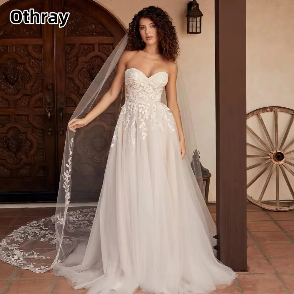 

Othray Elegant Sweetheart Lace Applique BrIdal Grown A Line Sleeveless Wedding Dresses Custom Made Vestido De Noival