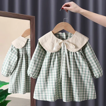 Bow Plaid Girls Dress 3 Spring fall toddler kids Girls' Clothes baby Bow Long sleeved Dresses costume for children Girl clothing outer Wear Casual Dress 3