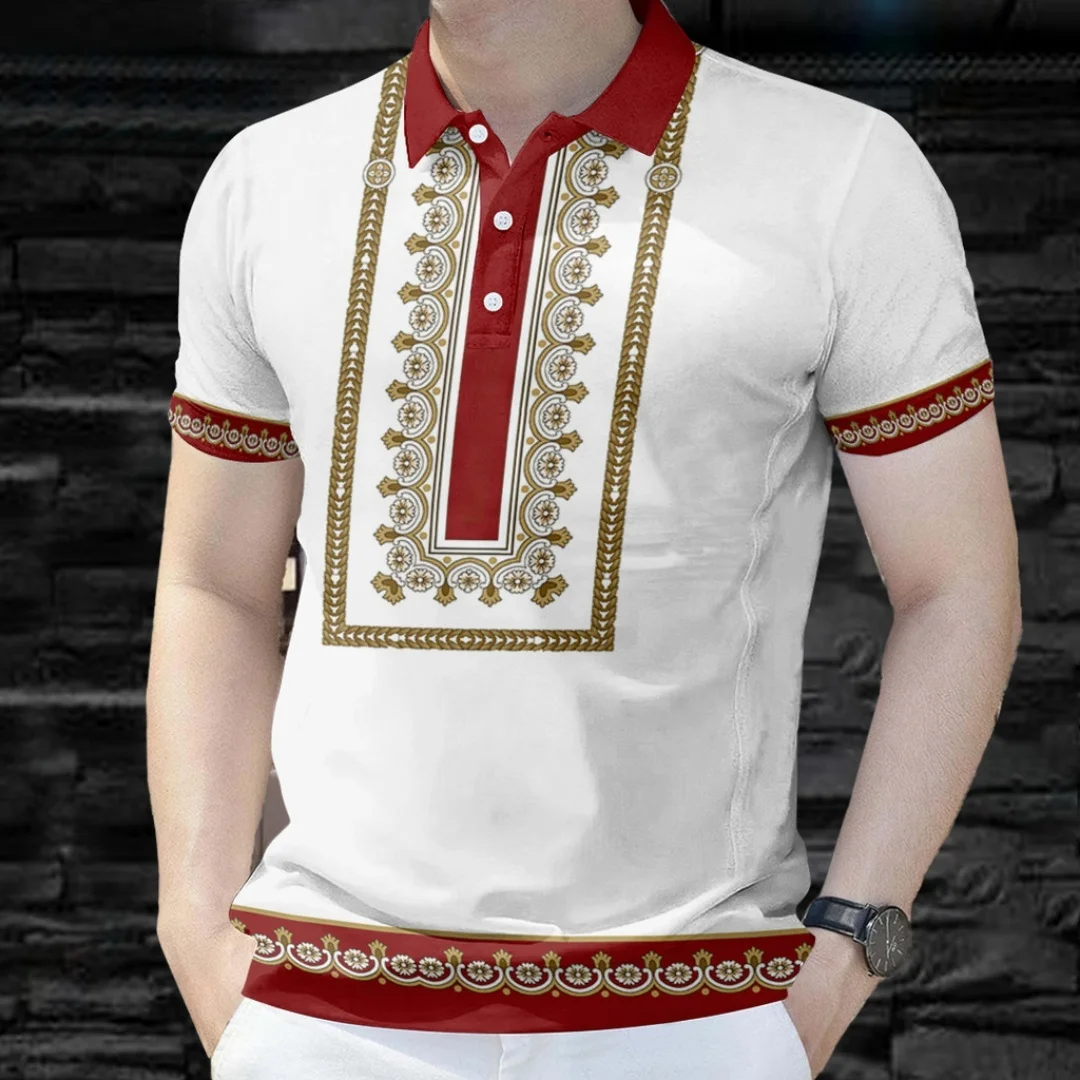 

Men's Fashion Sports Collar Shirt Button Summer Breathable Ethnic Retro Pattern 3D Printed Fashion Regular Fit Men's Polo Top