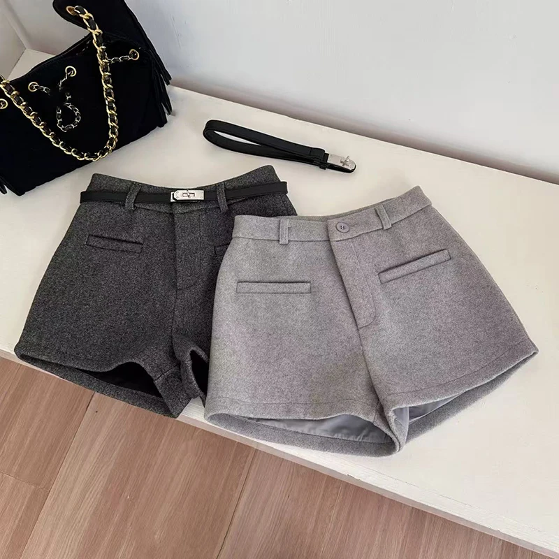 Fashion Faux Wool Shorts Women Spring High Waist with Belt Wide Leg Shorts Y2K Ladies Korean Chic Streetwear Blended Shorts New