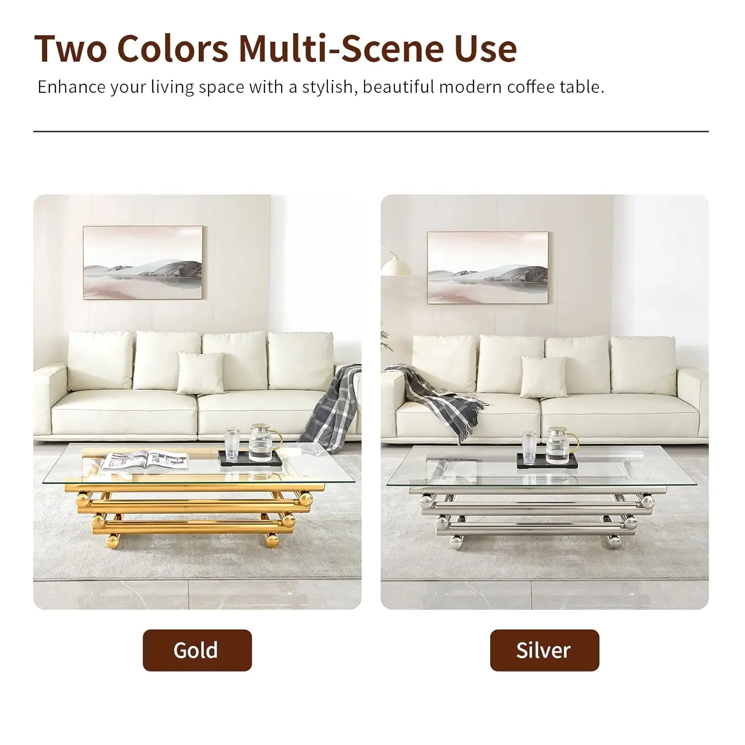 Coffee Table Set Of 2, Modern Gold Coffee Tables For Living Room, Easy Assembly Easy Clean, Tempered Glass With, Customized