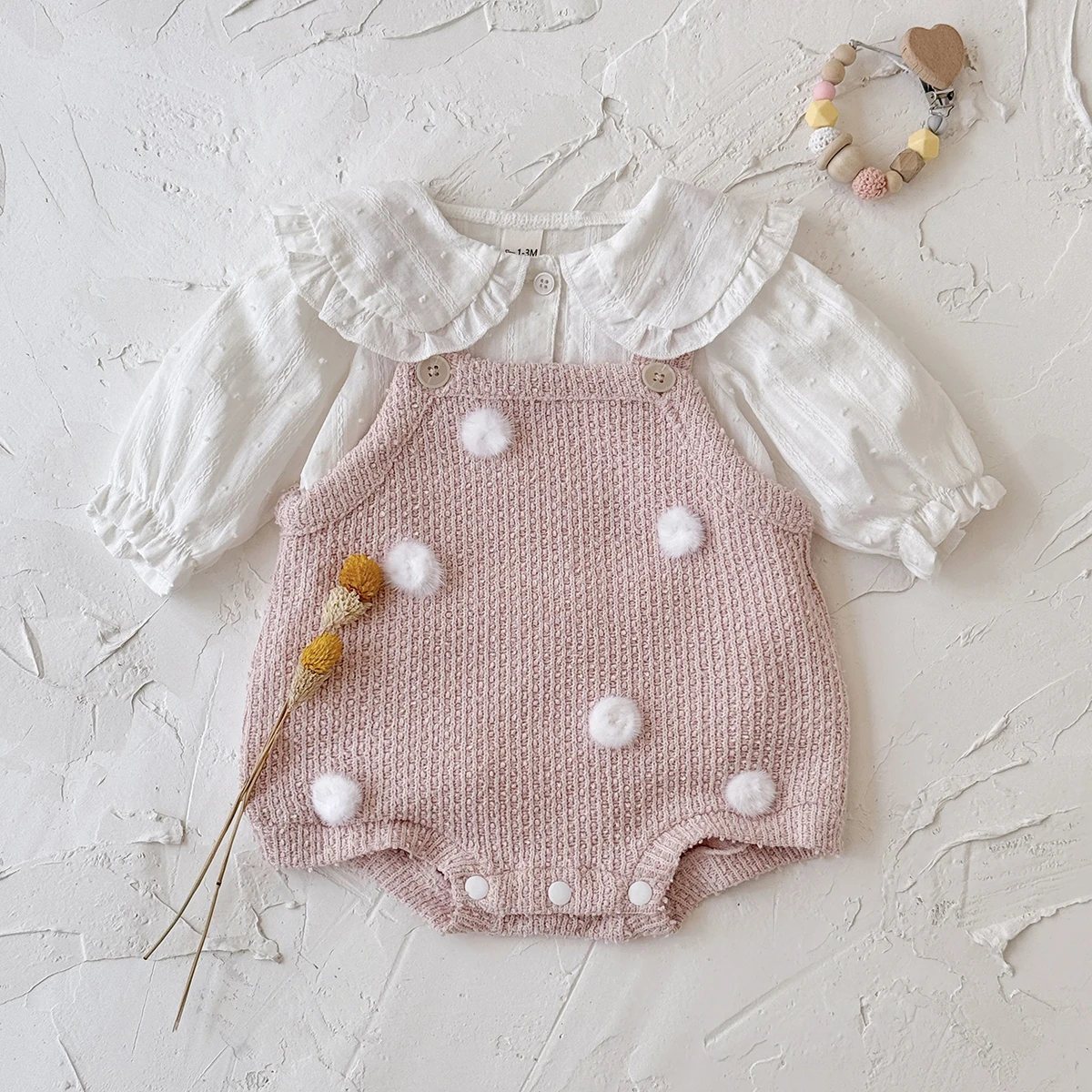 Newborn Baby Girl Adjustable Strap Knit Bodysuit, Sleeveless Pink Romper with Fluffy Pom Pom Decor for 0-18M