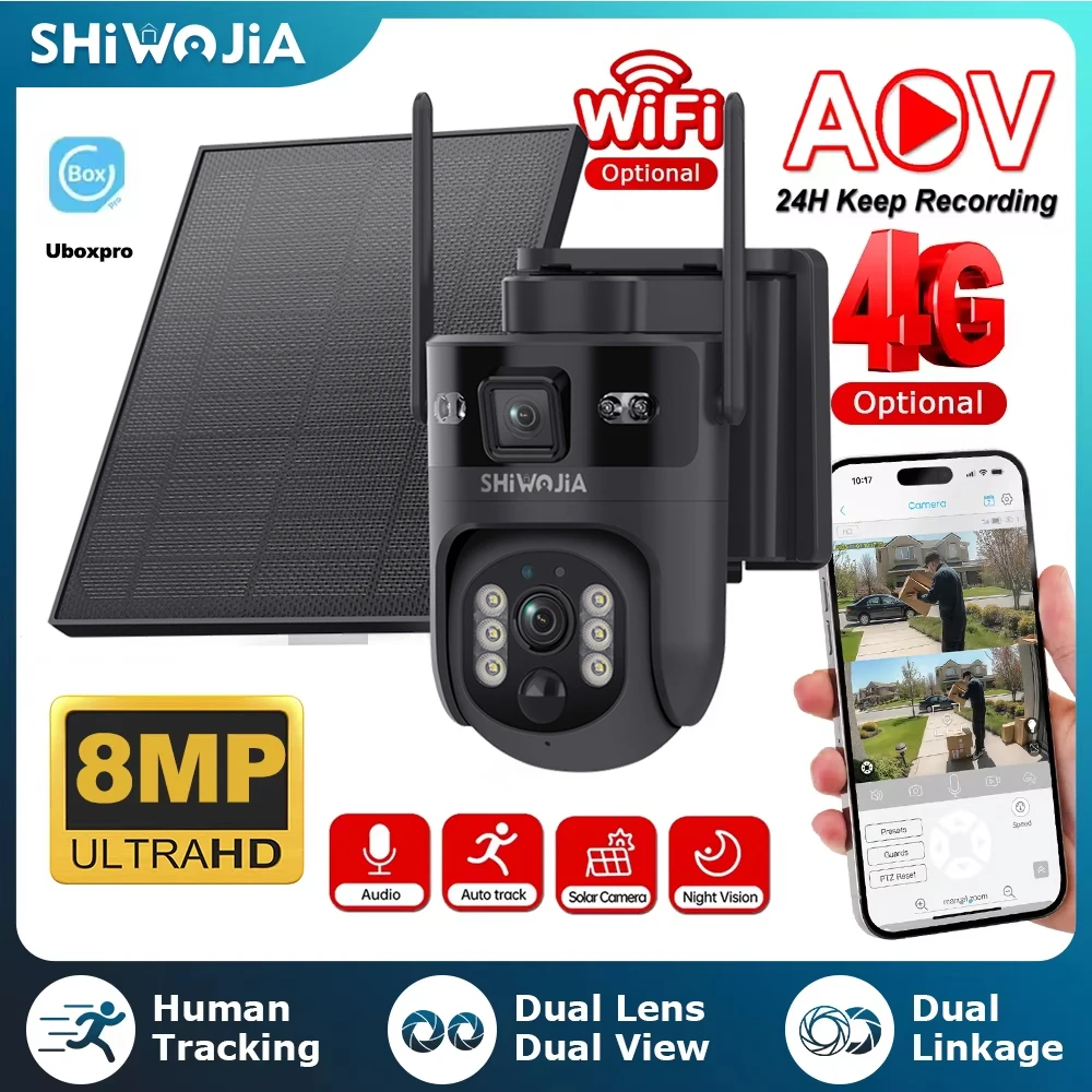 SHIWOJIA AOV Solar Battery Camera 4G SIM 8MP 7/24 Hours Recording Wireless WIFI Security PTZ Camera Dual Lens PIR Night Vision