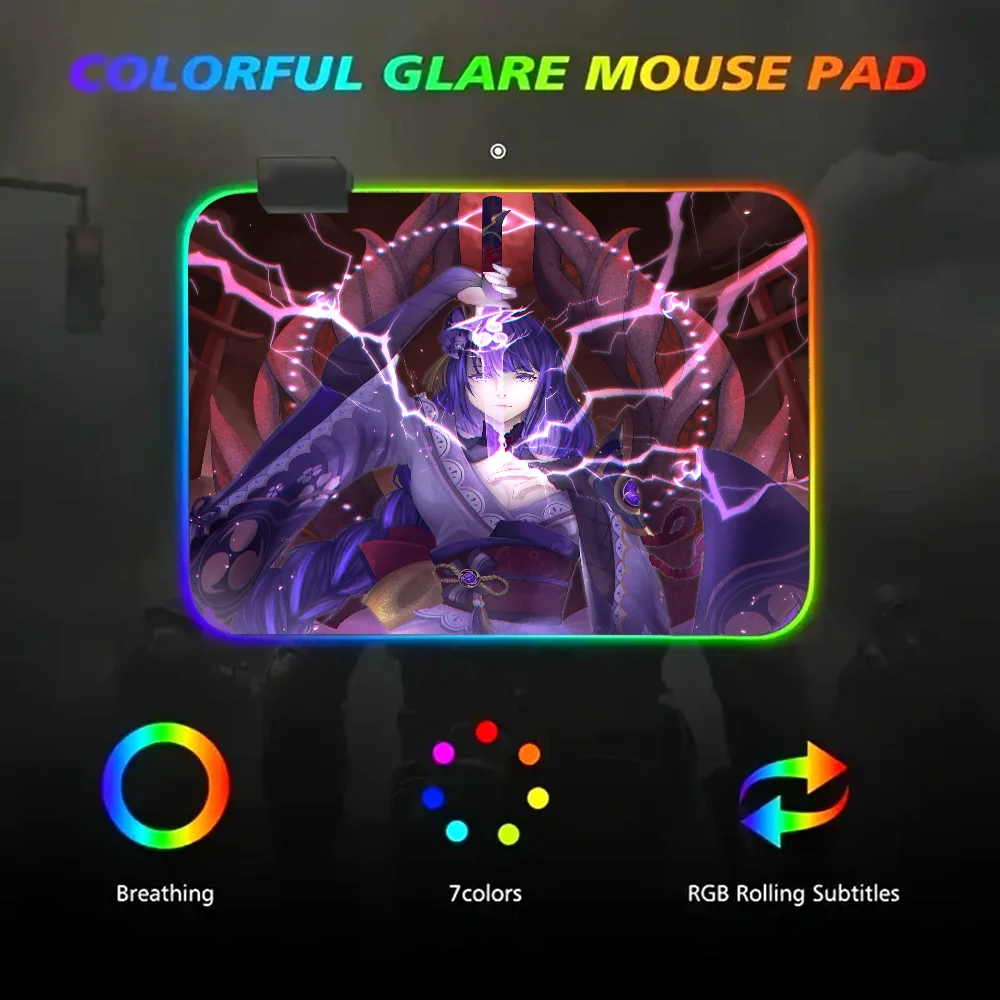 Tapis de souris Raiden Shogun Genshin Impact, tapis de jeu de petite taille RVB avec lumière LED, polymères de bureau, caoutchouc non ald super lisse