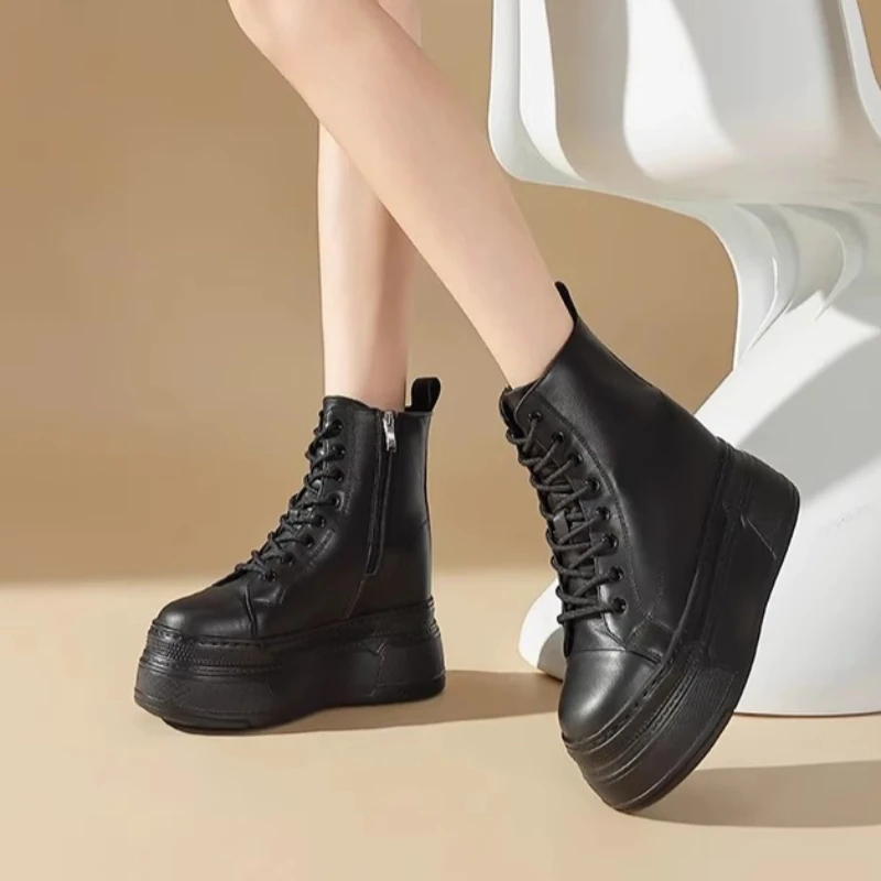Genuine Leather High Heels 16cm White Elevator Boots Shoes for Women's Casual High Top Shoes Thick Soled Height Increasing Boots