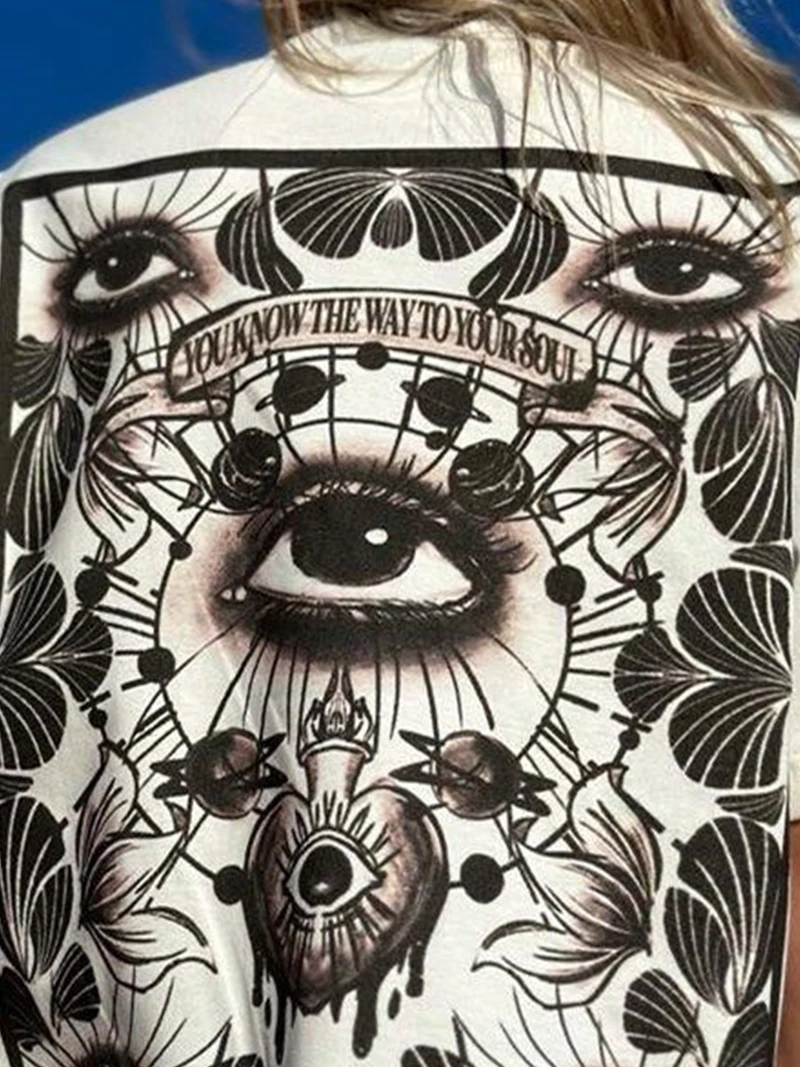 Visual Style Short Sleeve Lazy Fashion T-Shirt Cotton round Neck Printed Eye Pattern Summer Men's Casual Wear High UV Protection