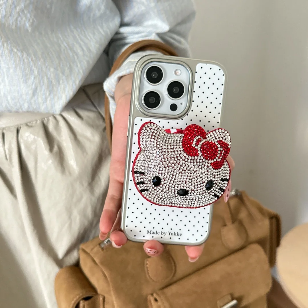 

Korean Y2K Chic Glitter Rhinestone Hello Kitty Stand Holder Phone Case For iPhone 16 15 14 Pro Max Cute Polka Dot Cover ﻿
