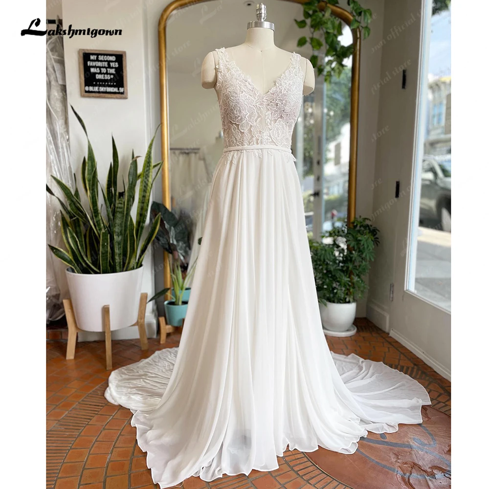 

Lakshmigown Lace V Neck Backless Chiffon Wedding Dress for Women 2024 Elopement Beach Bohemian Bridal Gown vestido de casamento