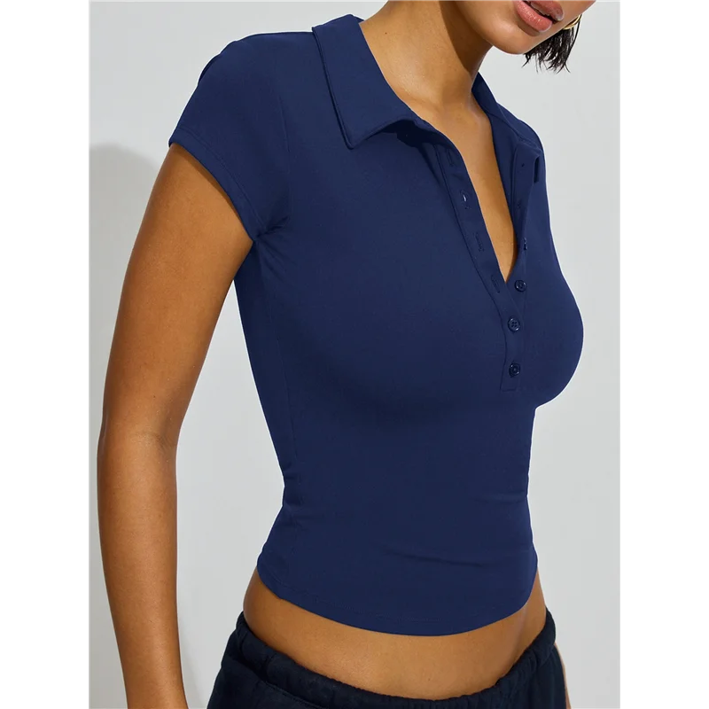 

Женские топы-поло с короткими рукавами и V-образным вырезом на пуговицах-A55G