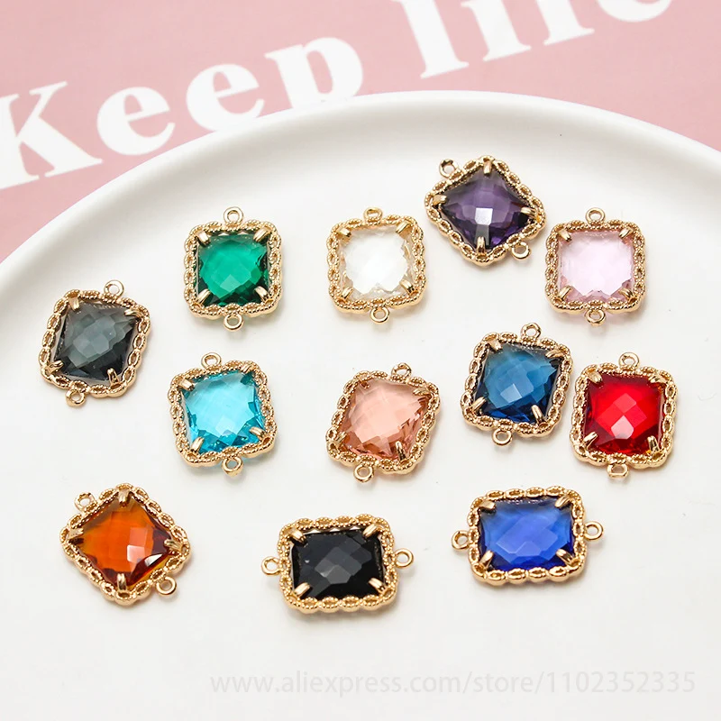 10pcs/ Set Fashion copper wrapped lace crystal glass rectangular double ring pendant DIY accessories materials