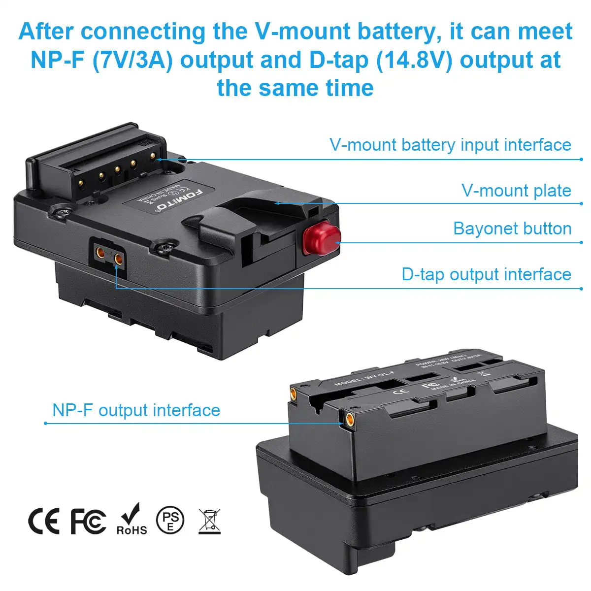 Fomito NP-F Dummy Battery to V-Lock V Mount Plate for Sony NP-F970 F960 F750 F770 F550 LED Video Light CN160 CN216