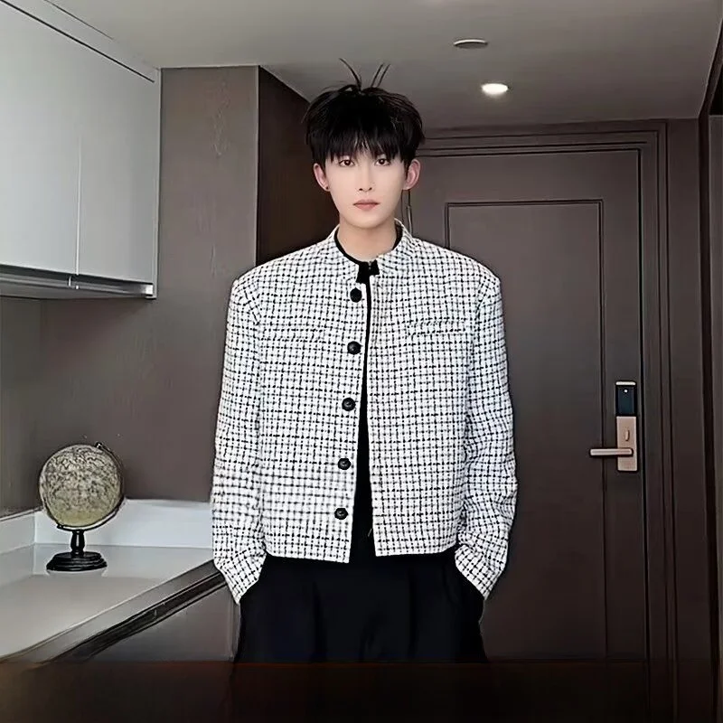 

ort Plaid Jaet Men's Spring Autumn High Sense Cool Flight Jaet New Chinese Sle Western Suit Top Pad oulder M Model