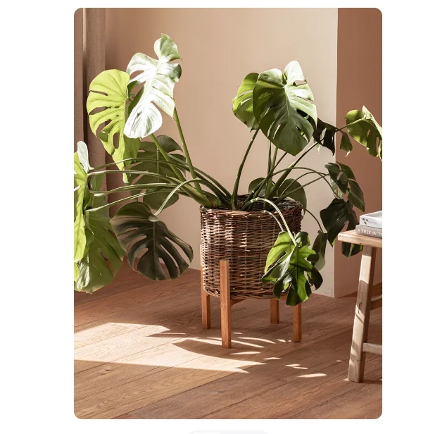 Wooden floor mounted rattan decorative flower rack, living room balcony woven large flower basket, flower rack, green ivy flower