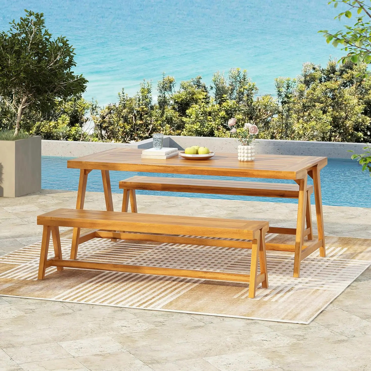 

319500 Lumina Outdoor Dining Set, 63 "W x 14.25 "D x 17.75 "H, Teak Finish