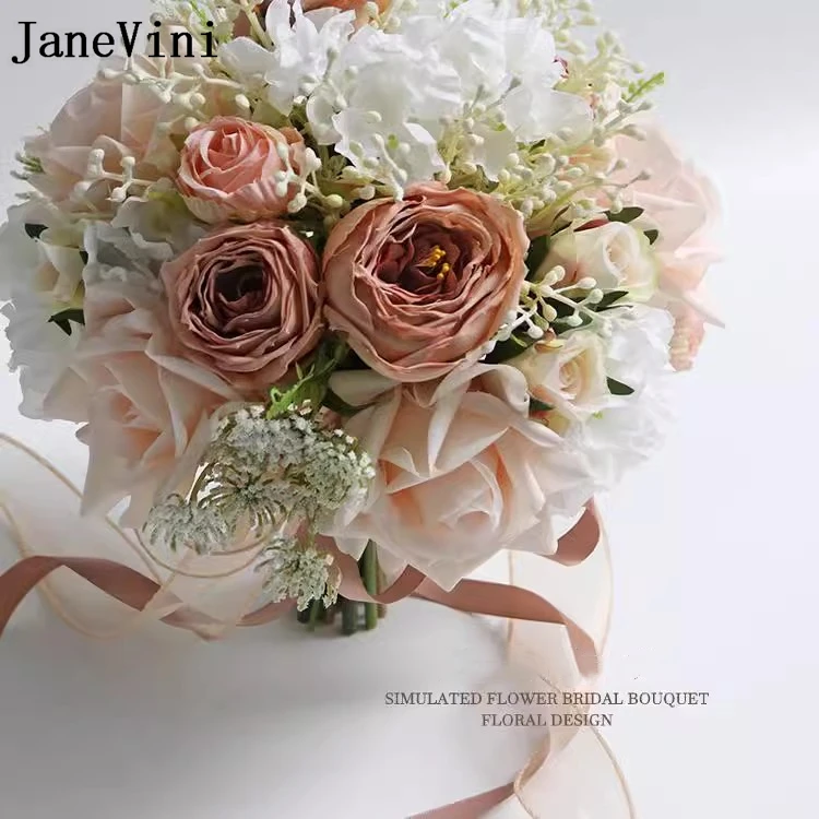 JaneVini Vintage French Style Wedding Bouquets Bridal Flowers Artificial Roses Silk Accessories Bride Bouquet De Mariage Mariée