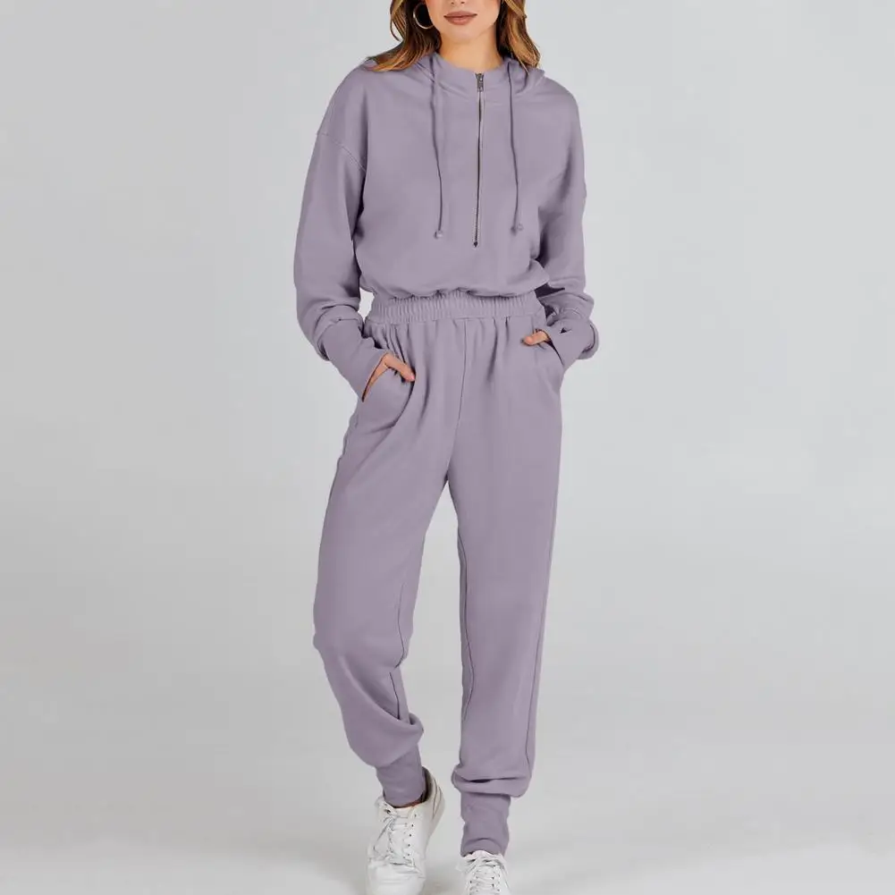 

Solid Color Sweatshirt Jumpsuit Sporty Hooded Women's Jumpsuit with Elastic Waist Ankle-banded Design Long Sleeve Solid Color