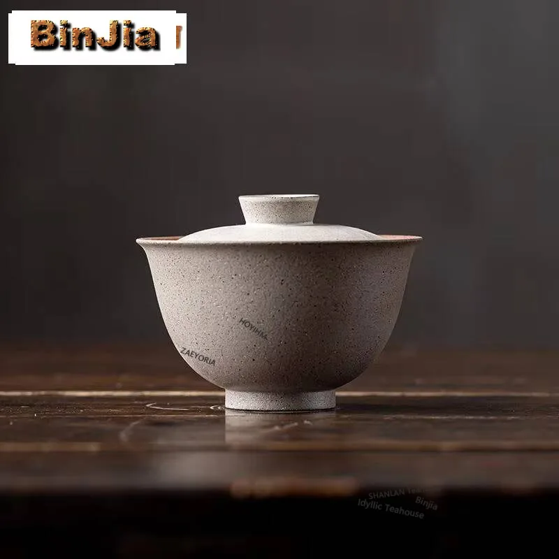 80ml Handmade Gray Coarse Pottery Gaiwan Retro Not Hot Respecting Tea Tureen Chinese Tea Maker Cover Bowl Cafe Accessories Craft
