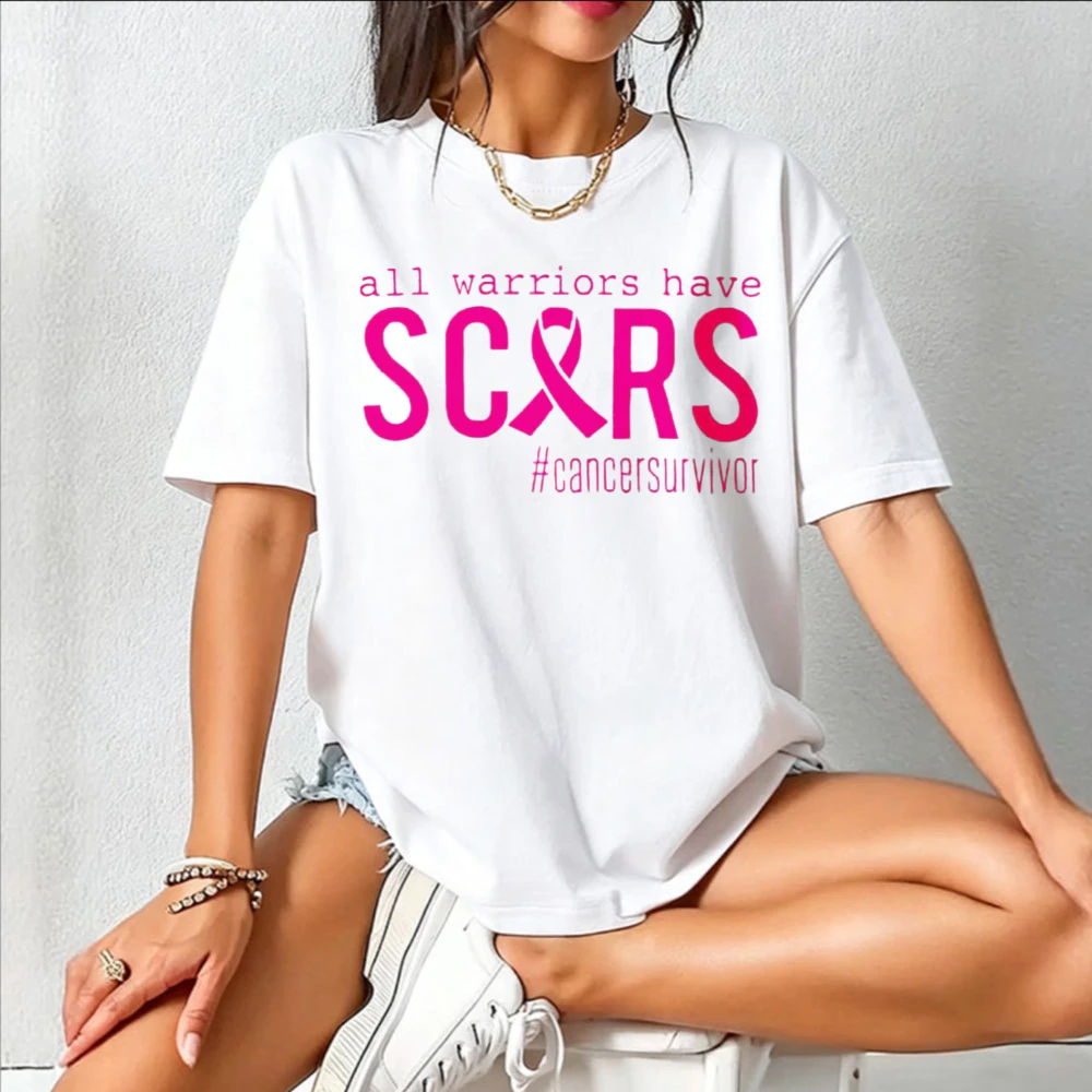 All Warriors Have Scars Pink Ribbon Cancer Survivor Graphic Print Cotton T‑Shirt Casual Breast Cancer Awareness Support Tops Tee